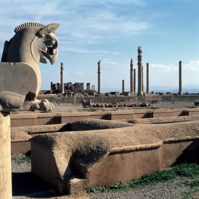 View of the North Portico of the Apadana with the Tachara in the Background, from the Sapahan Spoy (Soldier Road) Entrance by Achaemenid